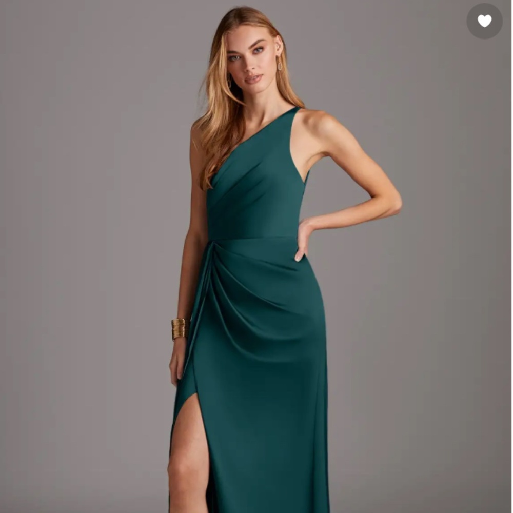 Azazie Mika Pine Sheath One Shoulder Stretch Satin Dress